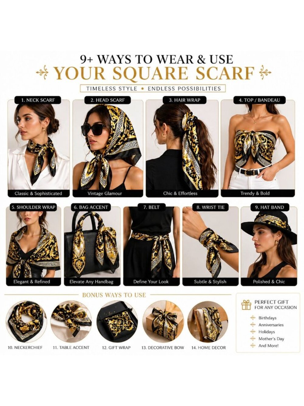 Luxury Gold Baroque Satin Square Scarf for Women – Black & Gold Ornate Chain - Picture 3 of 7